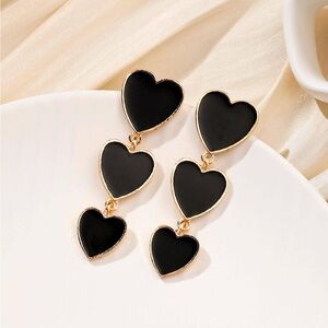 Gold Black Heart Dangle Drop Enamel Earrings